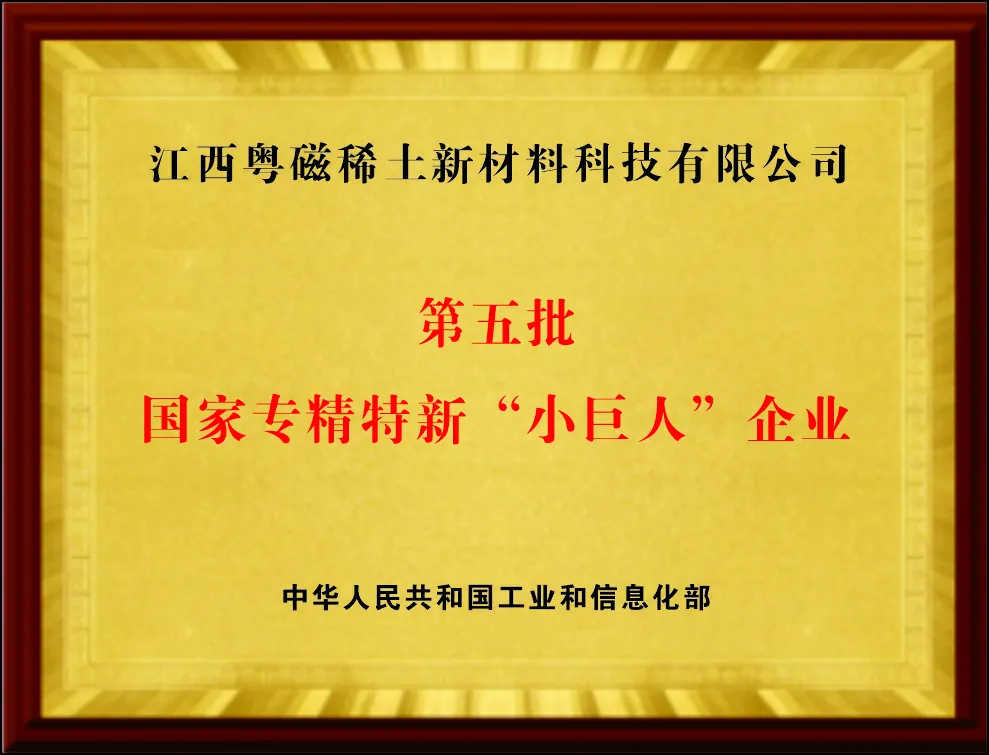 Photographed award plaque naming the company a fifth-batch national specialized and sophisticated little giant enterprise