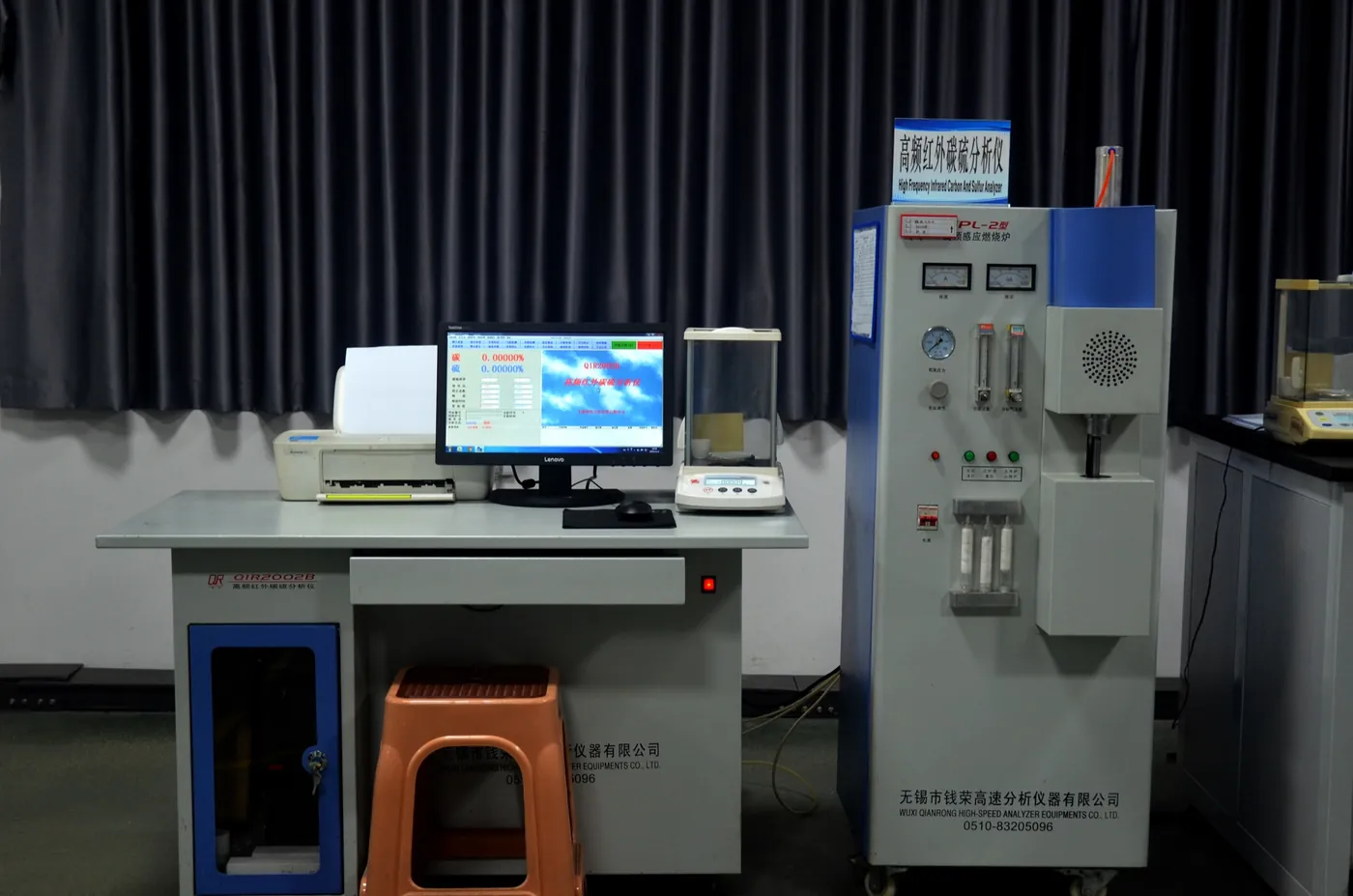 Carbon and sulfur analysis instrument on a laboratory bench